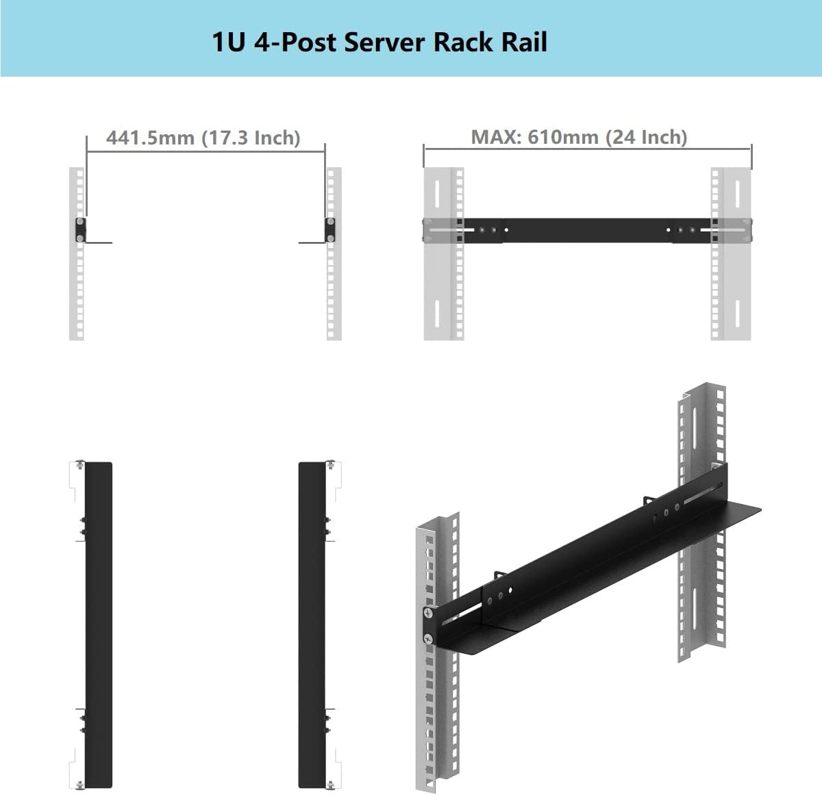 Black Powder Coated Universal 4 Post Mount Rails for Network Equipment Server Rail Kit