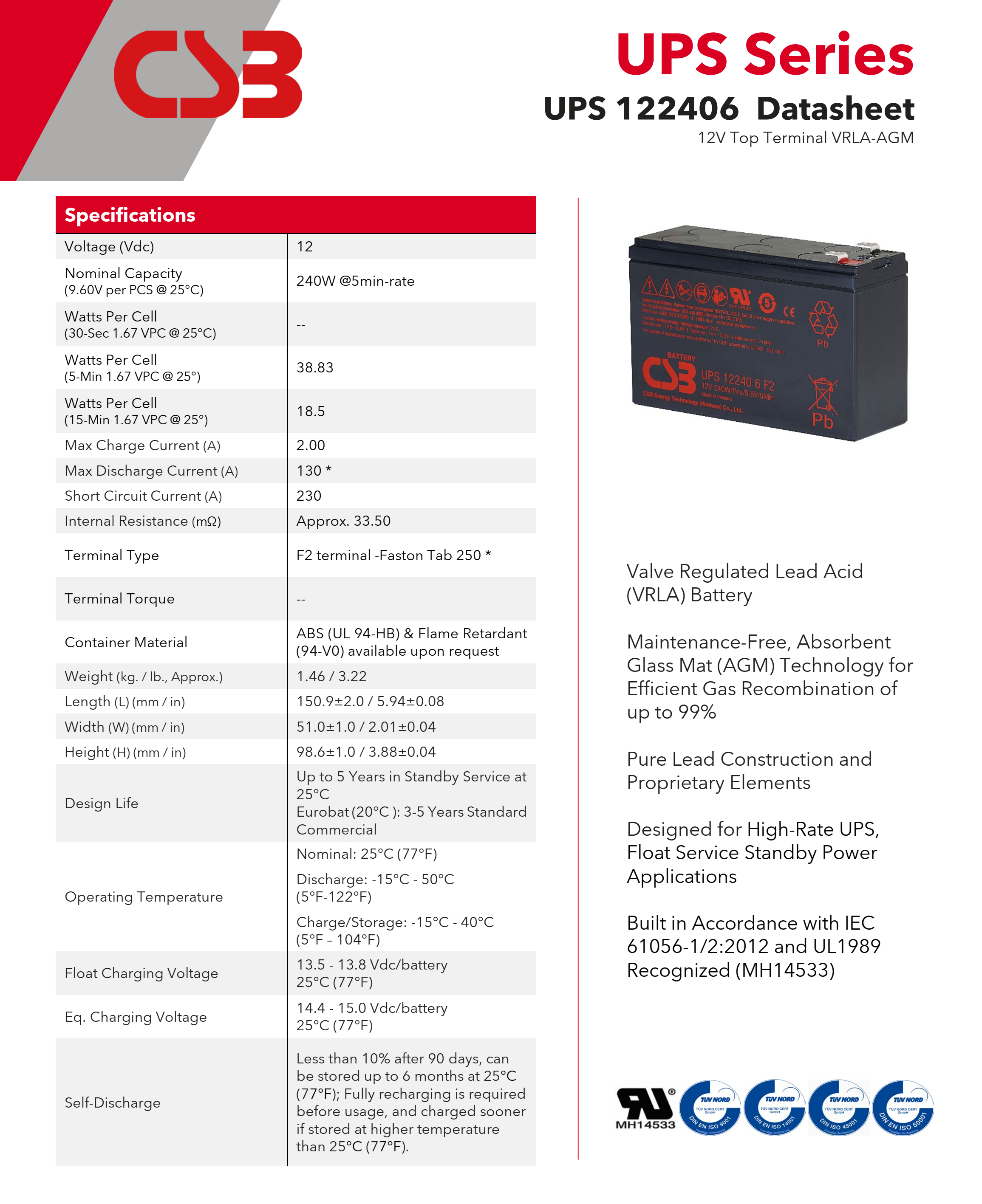CSB Battery UPS122406 12V 240W Maintenance-Free VRLA Lead Acid 240W Battery for UPS Data Center