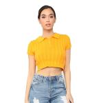 Lapel Single Breasted Womens Cropped Polo Shirt Short Sleeve