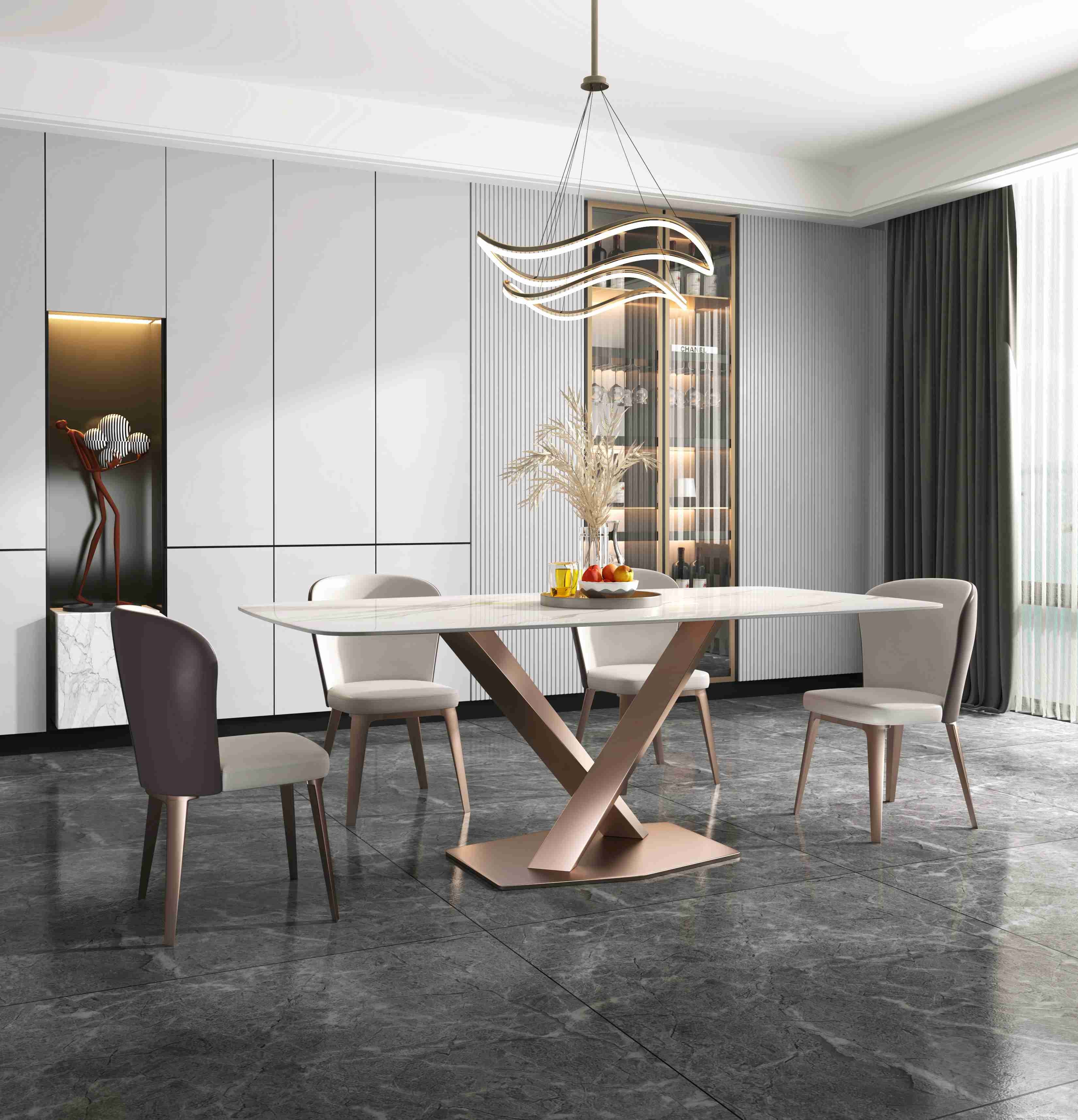 Plain X Base Luxury Modern Dining Tables 6 8 Seater Marble Top Stainless Steel Frame