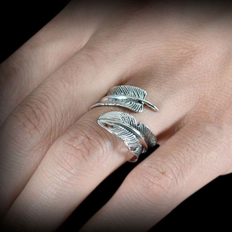 925 Silver Feather Ring Vintage Plume Adjustable Opening Band Ring (011231W)