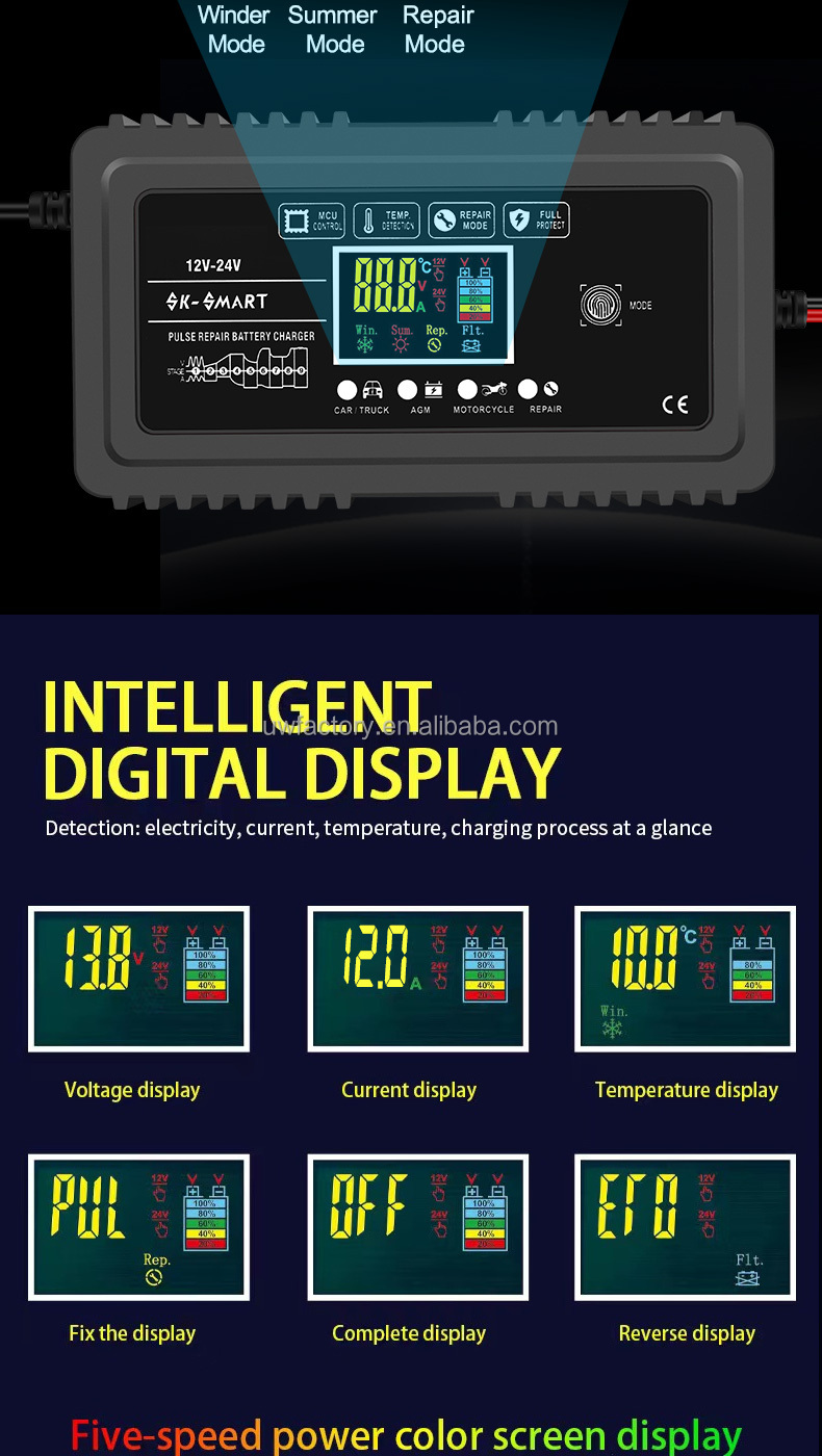 Intelligent Automatic 12V 24V 10A 20A Repair Battery Charger for Electric Tool Input 12-24V/5A