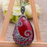 925 Silver Drop Shape Synthetic Garnet Marcasite Retro Pendant Necklace