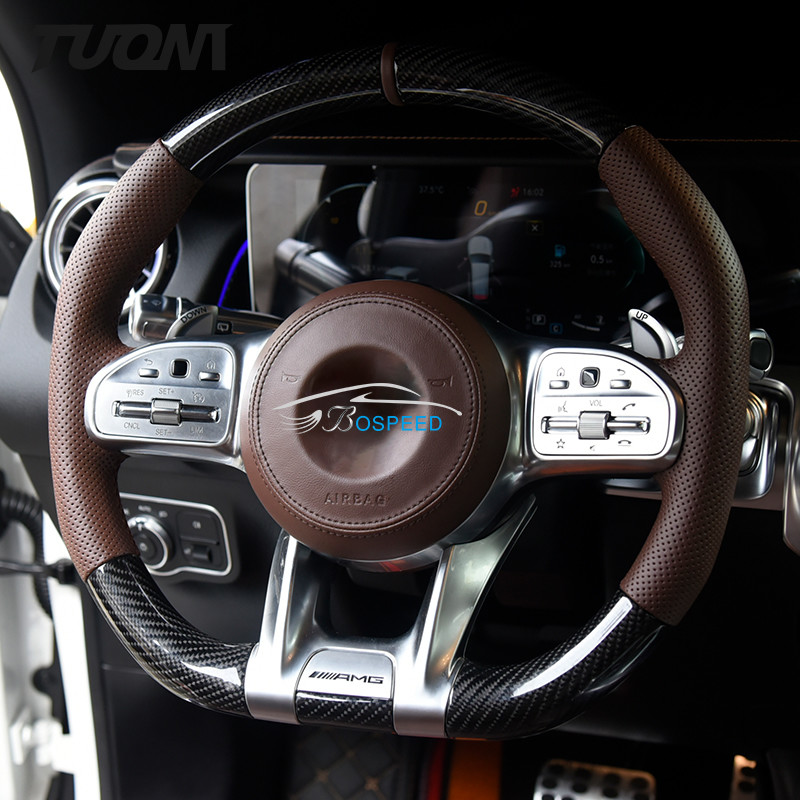 Custom Mercedes Carbon Fiber Steering Wheel Benz A45 Brown Perforated Leather