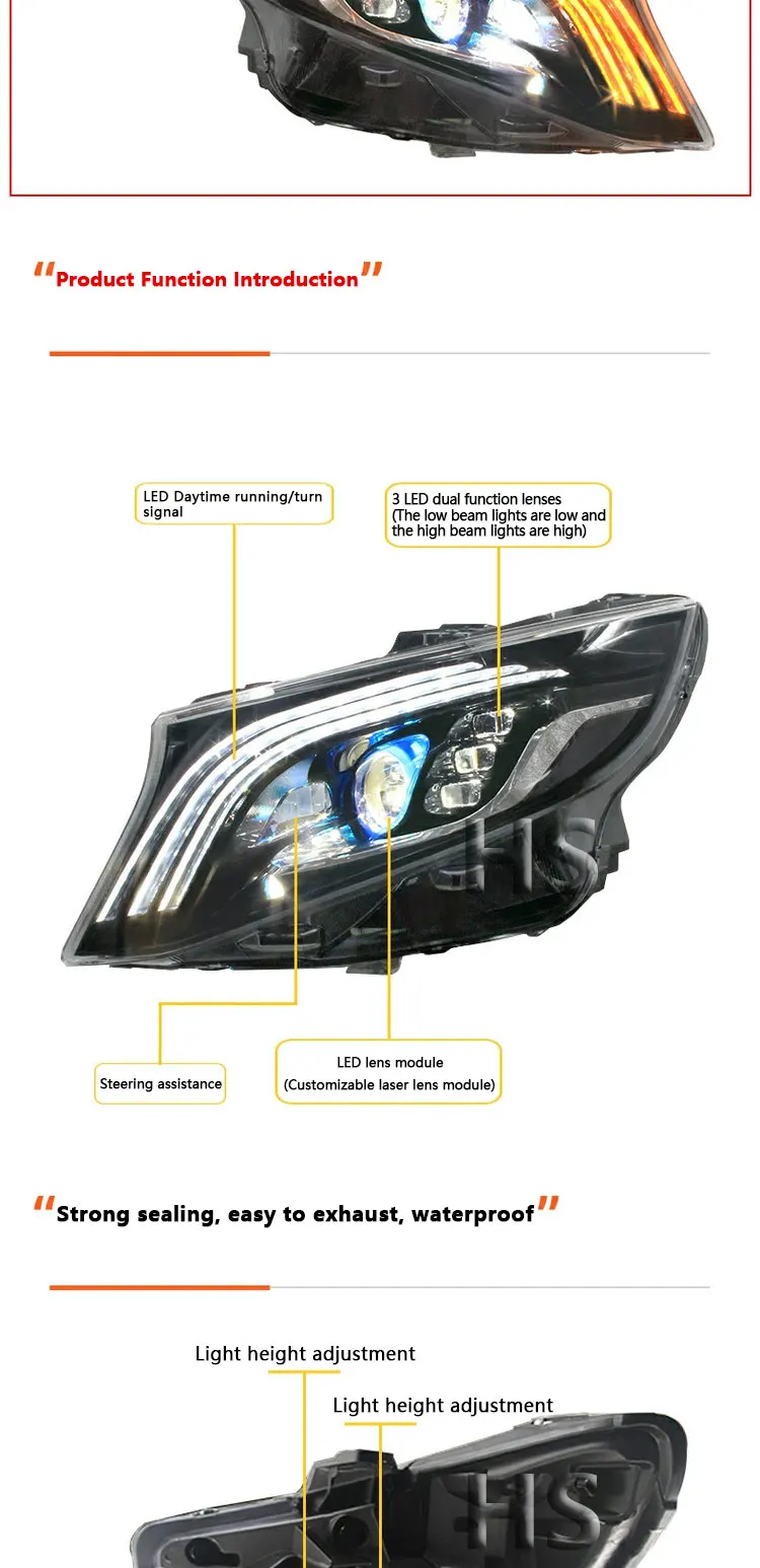 Headlight Assembly For Mercedes Benz VITO V Class 2016-2020 Retrofit Maybach DRL LED Light Yellow Flow Turn V260