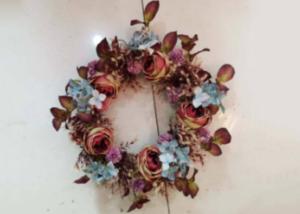 Quality Anti UV 55cm Rose Maple Artificial Autumn Wreath With Blue Flowers wholesale