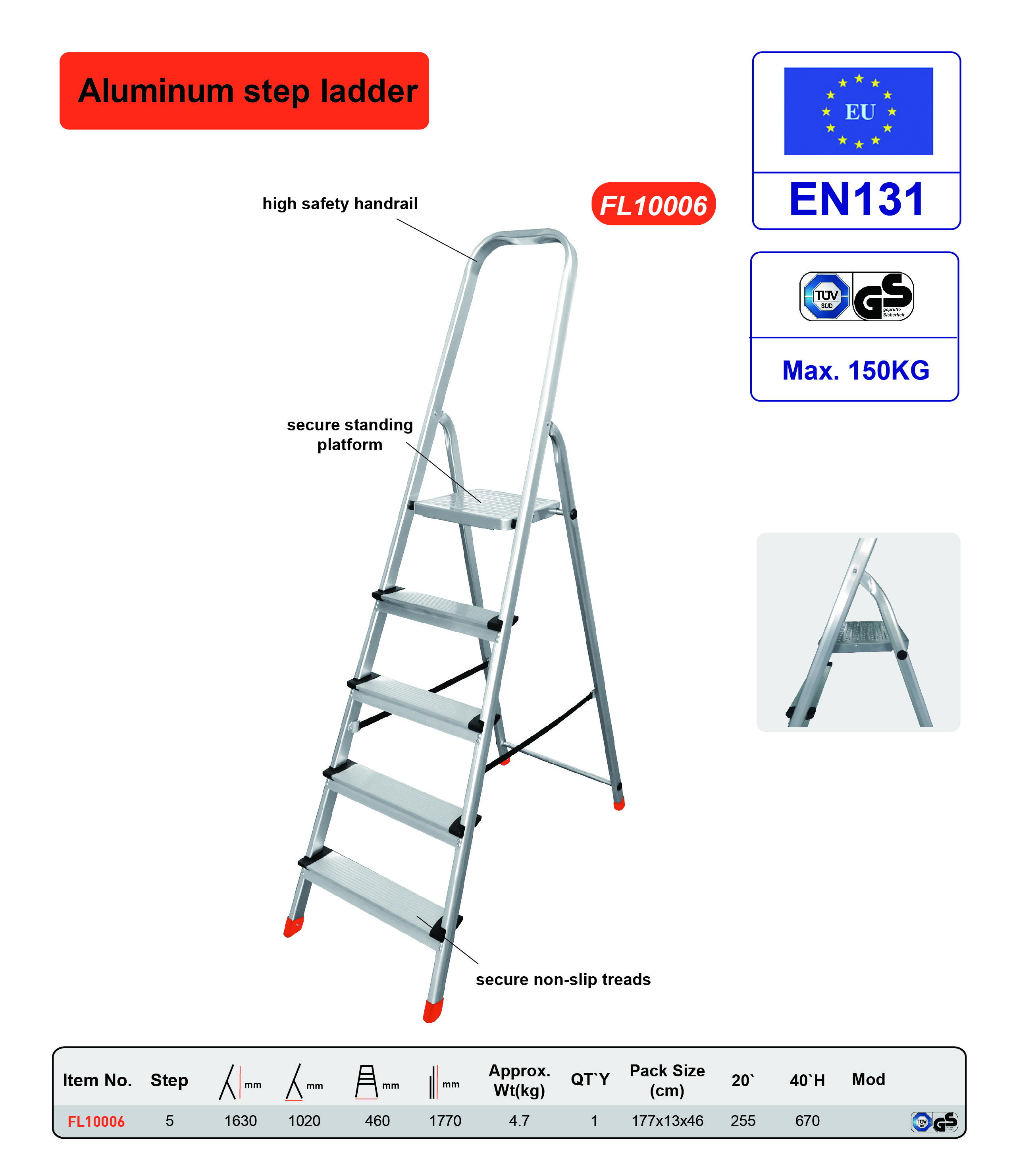 Silver Foldable Aluminum Ladder Anti Slip Wide Top 5 Steps EN131 GS Certificated