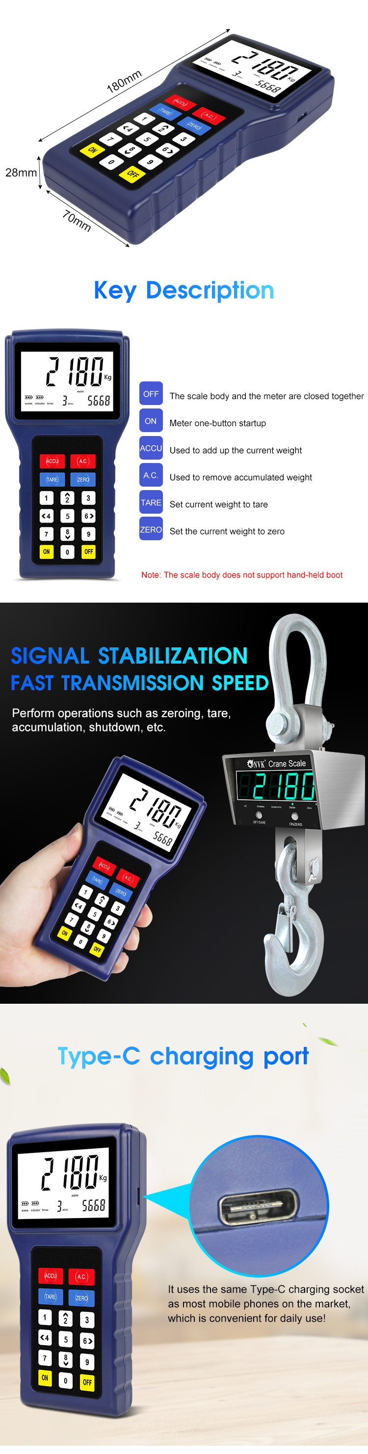 1/2/3/5/10T Industrial Remote Stainless Steel Crane Scale Hook hanging Weighing Scale