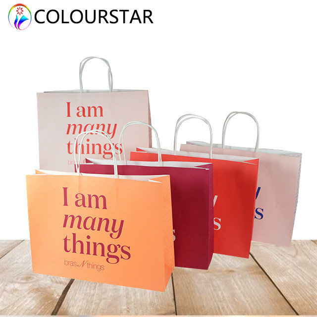 SGS CMYK Kraft Paper Shopping Bag Twisted Handles​ 157gsm With Logo