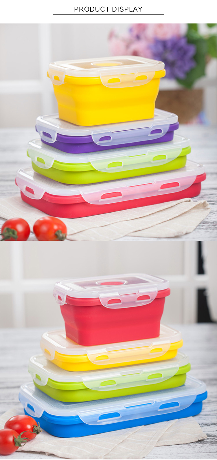 Collapsible Silicone Children Bento Box With Plastic Lid