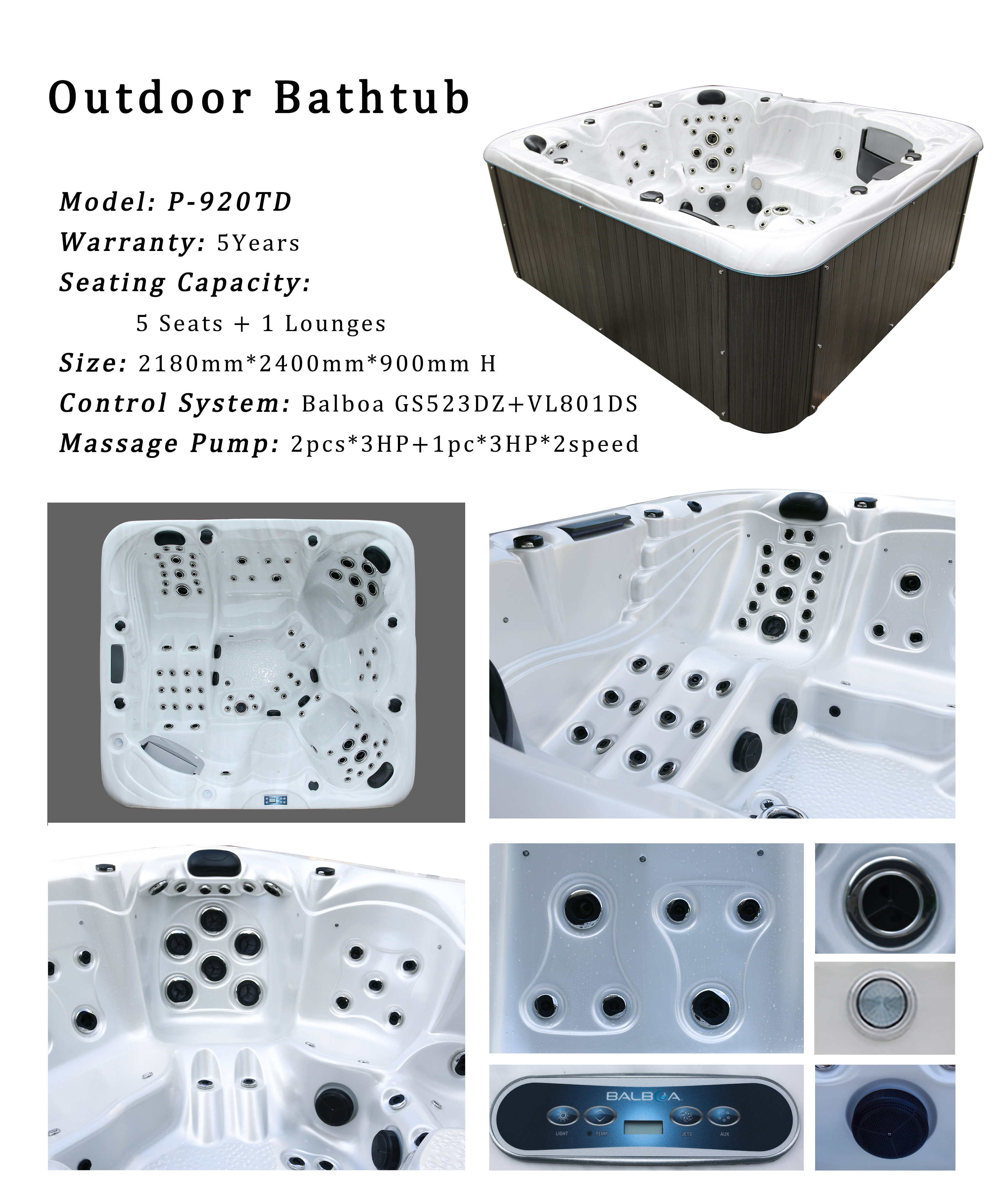 Portable 1 Lounge Outdoor Bathtub Mutil-Funtion Whirlpool Waterfall Spa Tub With 5 Seats Hot Tubs