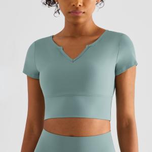 Quality Short Sleeve Padded V Neck Athletic Crop Tops Built In Bra Shirts wholesale