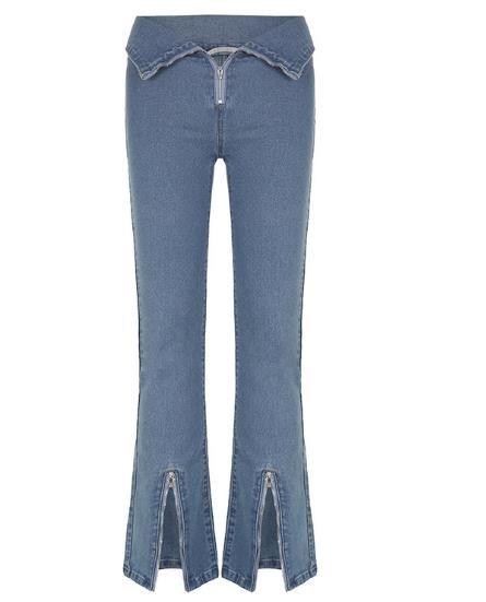 Custom Clothing Factory China V-Neck Turned-Up Flared Jeans Zipper Slit Bell
