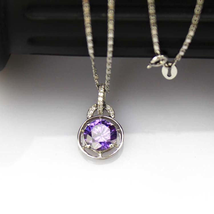 Sterling Silver 9mm Round Amethyst Cubic Zircon Pendant 925 Silver Chain (PSJ045)