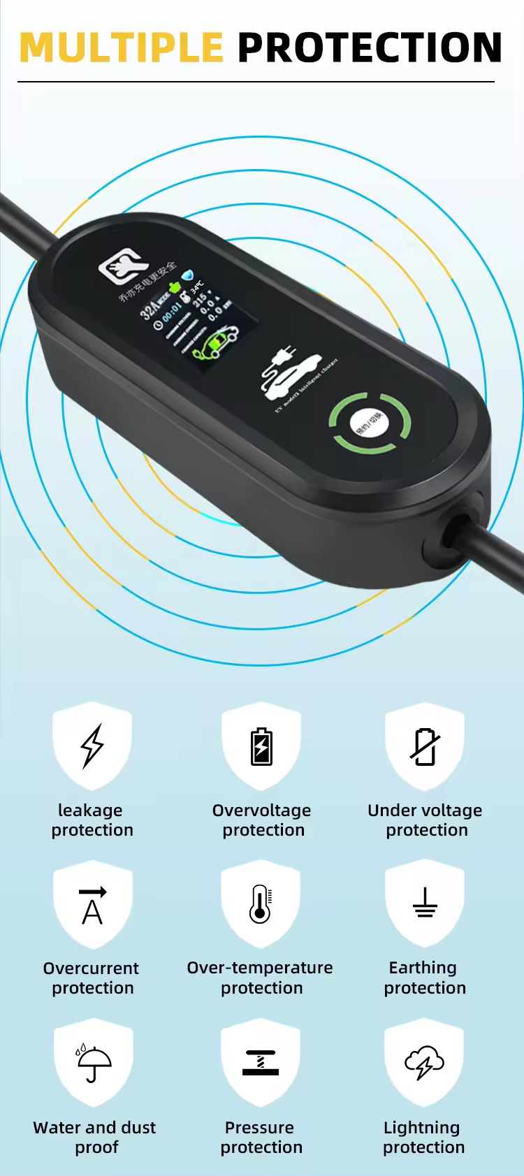 16A Output Current PC Copper EVSE Electric Vehicle Charging LCD Screen 3.5KW GBT Portable Charger with 5 meters cable