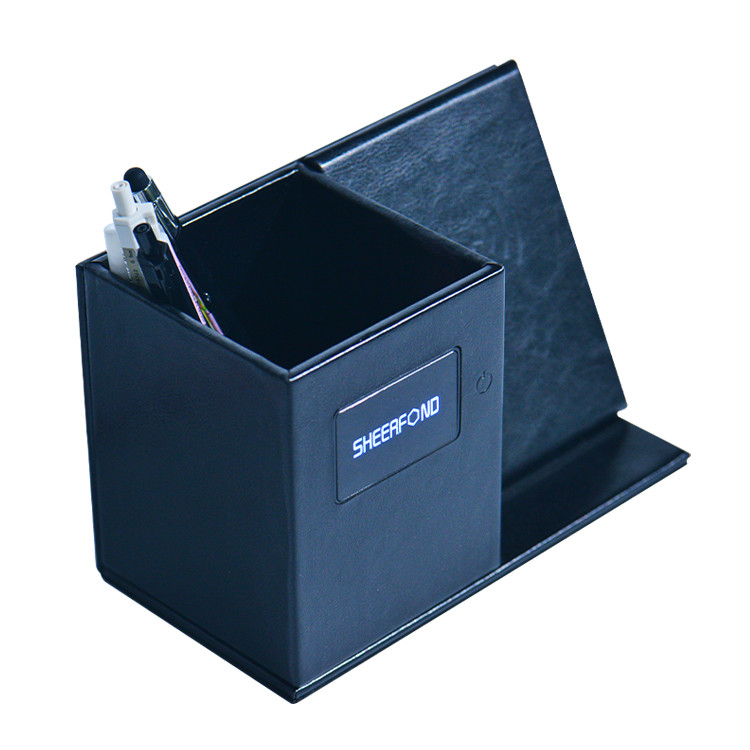 Luxury Creative Pu Leather Multifunctional Wireless Charging Pen Holder For Desk