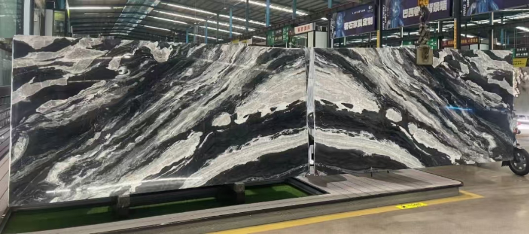 Calcite Marble Modern Staircase Design with Luxury Brazilian Cosmic Black Granite Slab