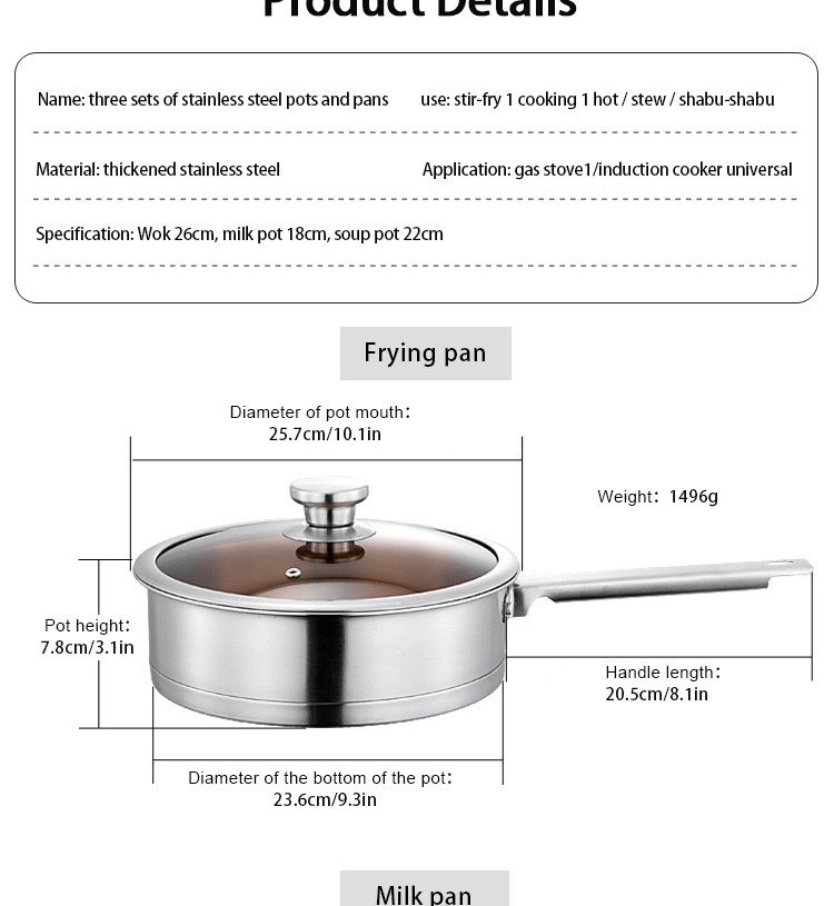 Amazon Top Seller Multipurpose 6PCS Pot Stainless Steel Frying Pan Cookware Sets With Glass Lid