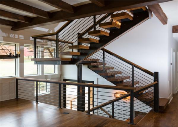Cable Railing Steel Stringer Wood And Glass Staircase 3 Flights Straight DIY