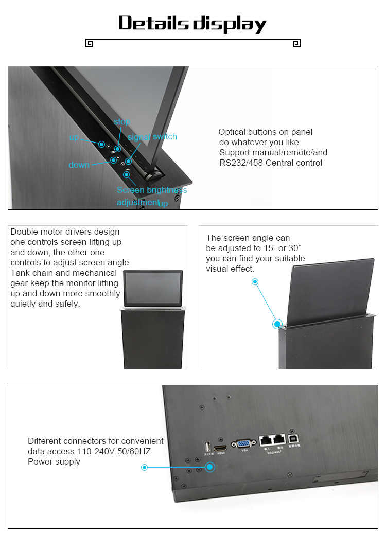 23.8" Touch Screen Table LCD Monitor Lift Motorized Conference System Solution
