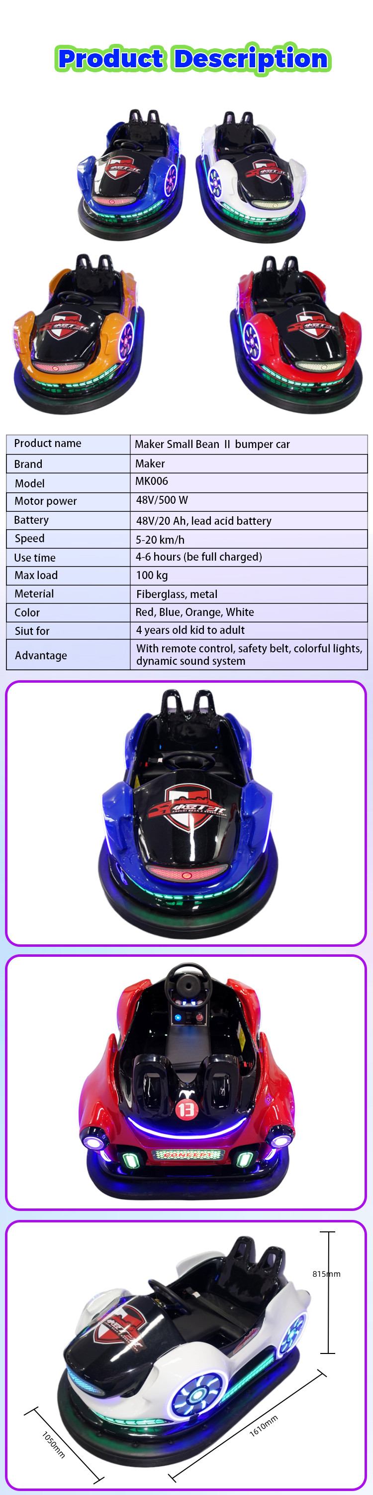 Factory High Quality 48 v / 20 Ah Adult Bumper Car Amusement Park Facilities Kids Bumper Cars