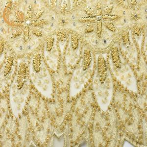 Quality Heavy Sequined Gold Beaded Lace Fabric Soft Handmade 80% Nylon wholesale