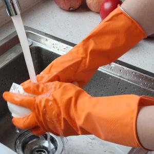 Quality Anti Oil Reusable Long Flock Lined Rubber Gloves , Cotton Lined Dish Gloves wholesale