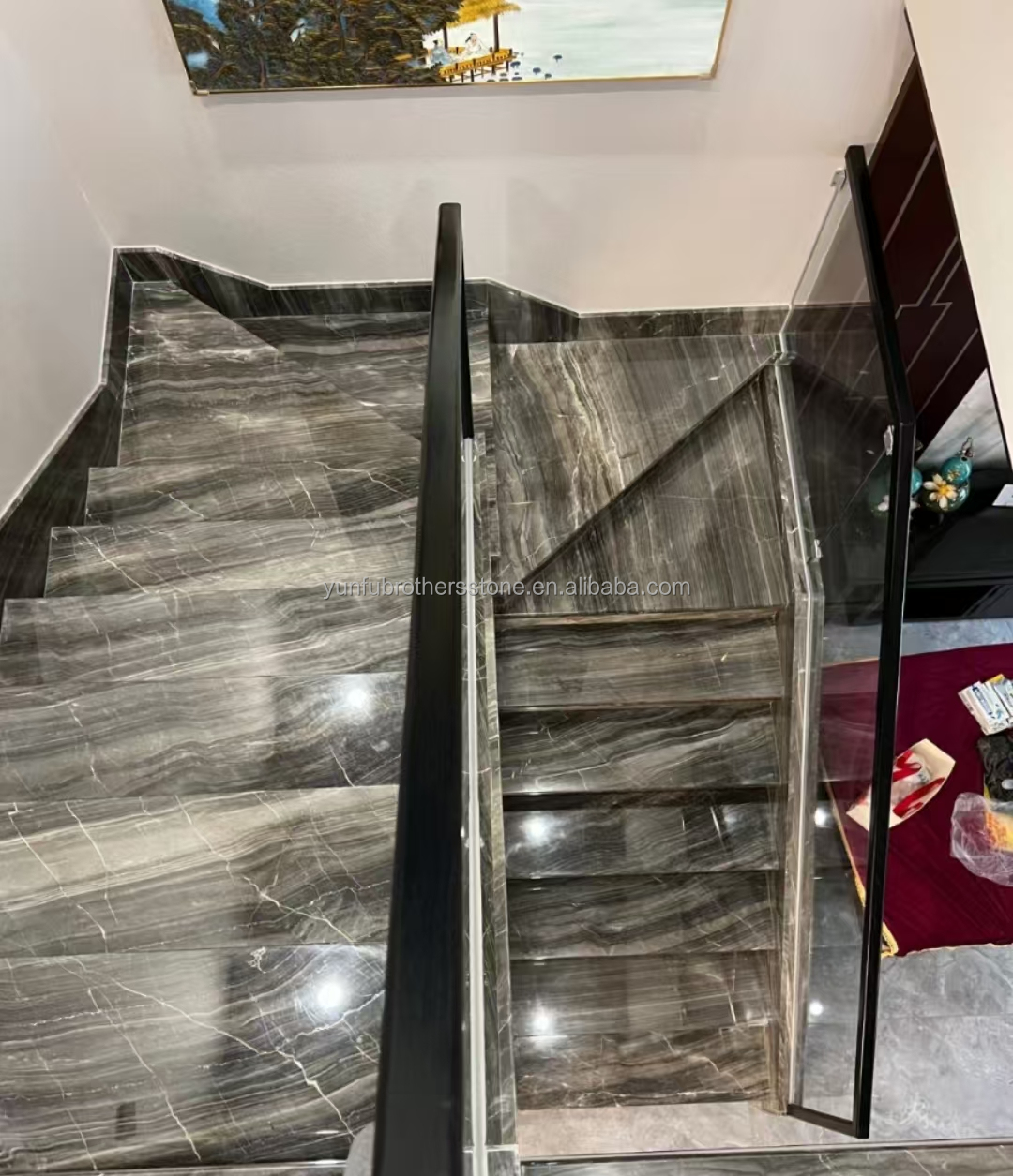 Hotel Interior Decoration 45 Degree Grey Marble Big Slab and Italian Glazed Materials