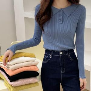 Quality Lapel Button Women Knit Sweater , Long Sleeve Knit Sweater wholesale