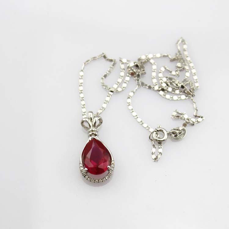 Women Fashion 7mm x 9mm Pear Shaped Ruby Cubic Zirconia Silver Pendant Necklace(P26)