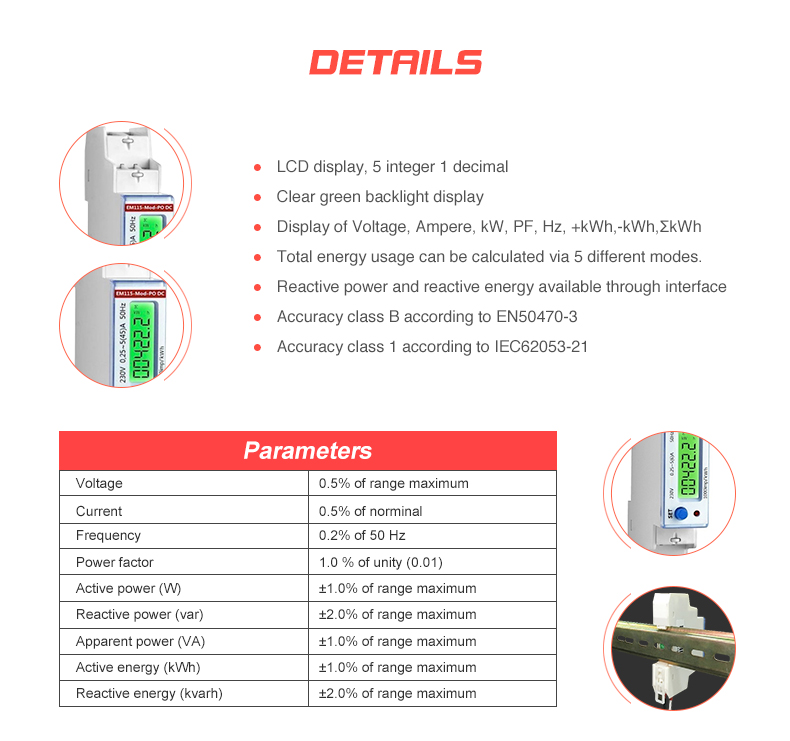 18*104.5*60 DC Connected Smart Electric Modbus Energy Meter EM115-Mod-PO 230V 5 45 A