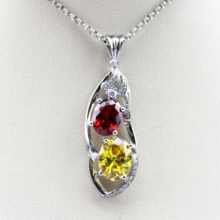 925 Silver Jewelry Red Cubic Zirconia Two Gemtone Pendant (PSJ0379)