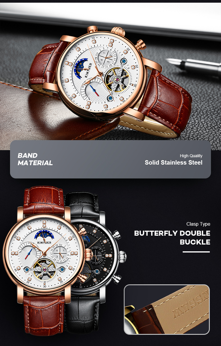 Automatic Mechanical Watch Leather Moon Phase With Diamond Crystal Mechanical Watch For Men
