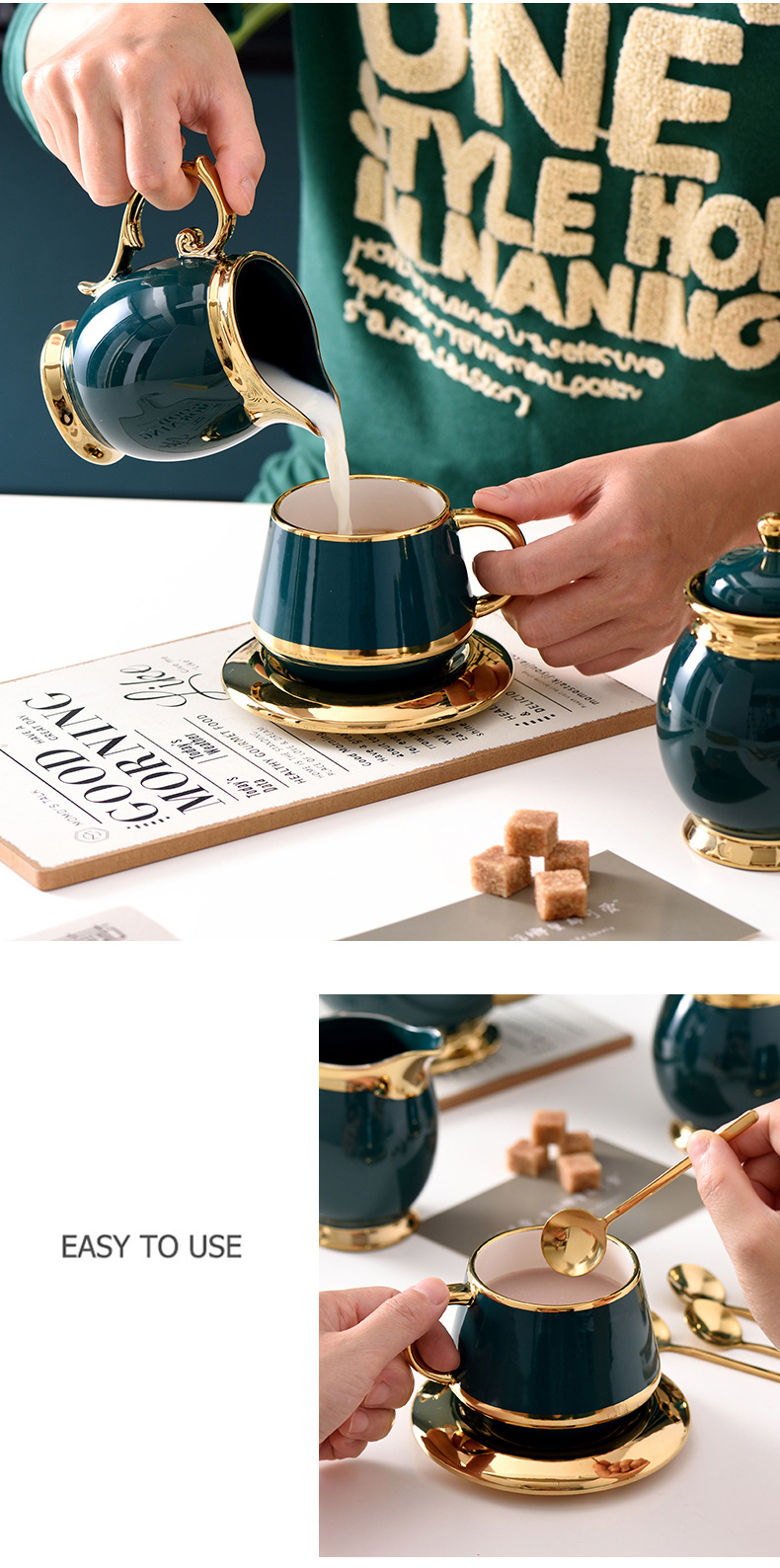 Europe Design Style Gold Edged Ceramic Coffee Mug Plate Set for Coffee Tea Enthusiasts