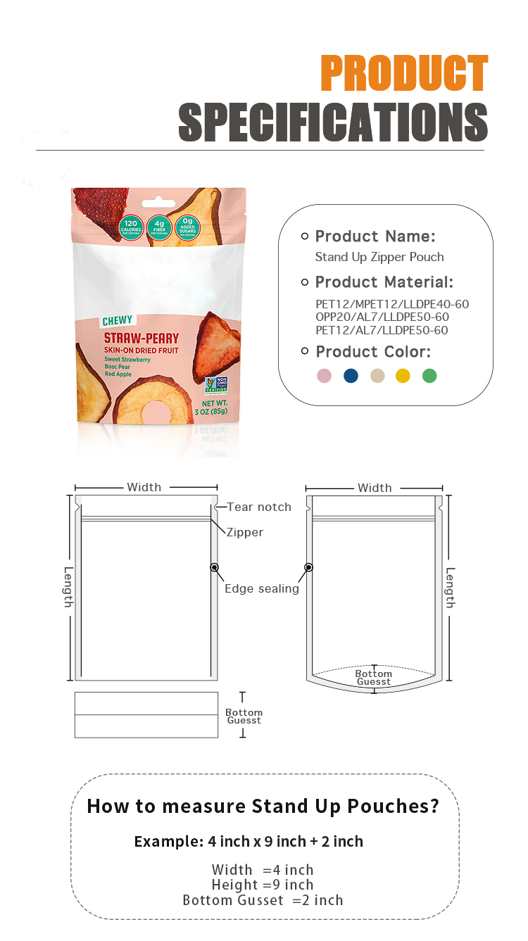 MPET Resealable Matte Dry Fruit Packaging Bags 750g Compostable Stand Up Pouches