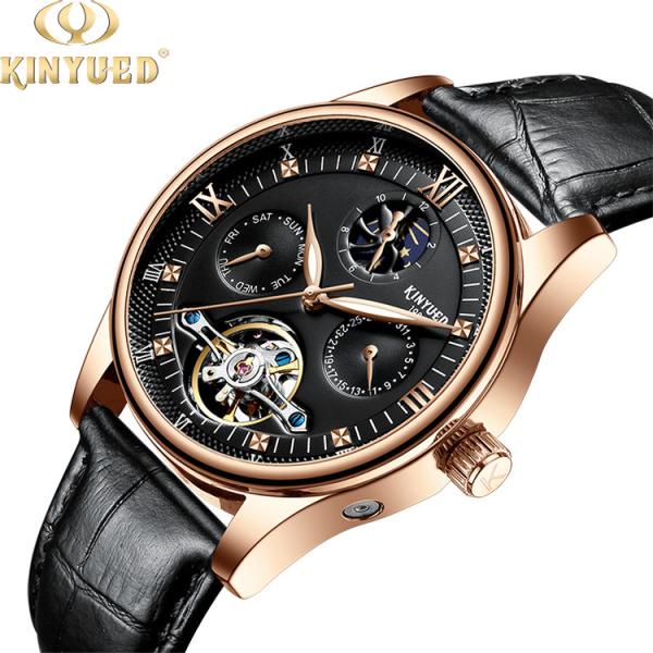 KINYUED genuine leather tourbillon mens automatic watch men moon phase watch men
