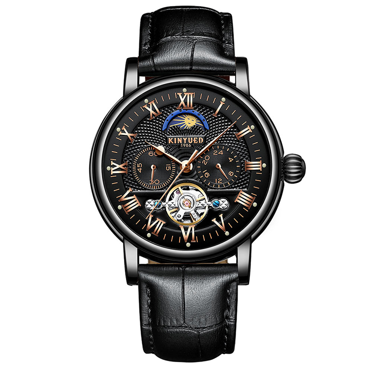 Tourbillon Automatic Movement With Moon Phase Mechanical Watch Fashion Leather Mechanical Mens Watch