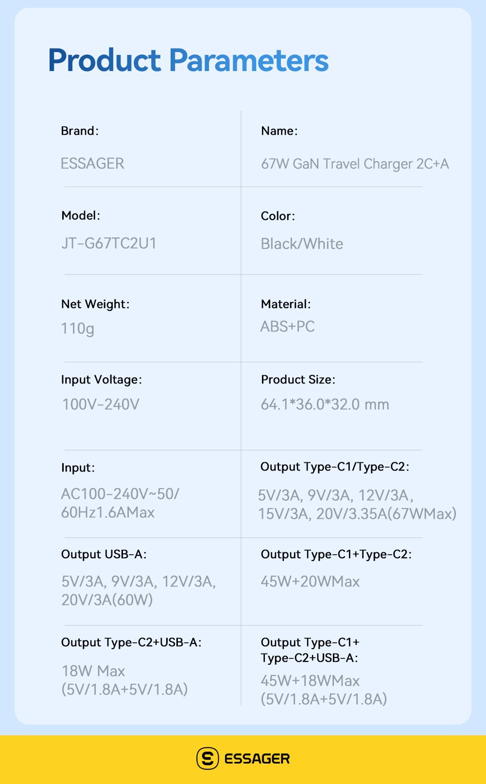 ESSAGER JT-G67TC2U1 Series Multi Port GaN Wall Charger 67W