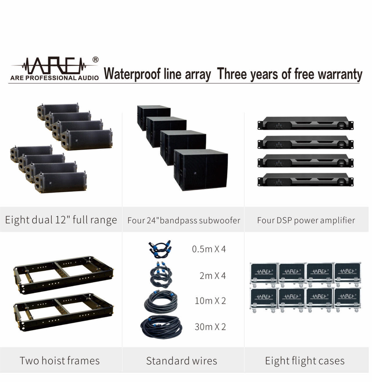 ARE Audio Line Array Outdoor System with Eight Dual 12" Full Range and Four 24" Bandpass Subwoofers