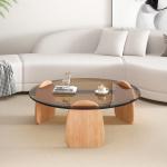 Exquisite Round Glass Combination Coffee Table With Wooden Leg