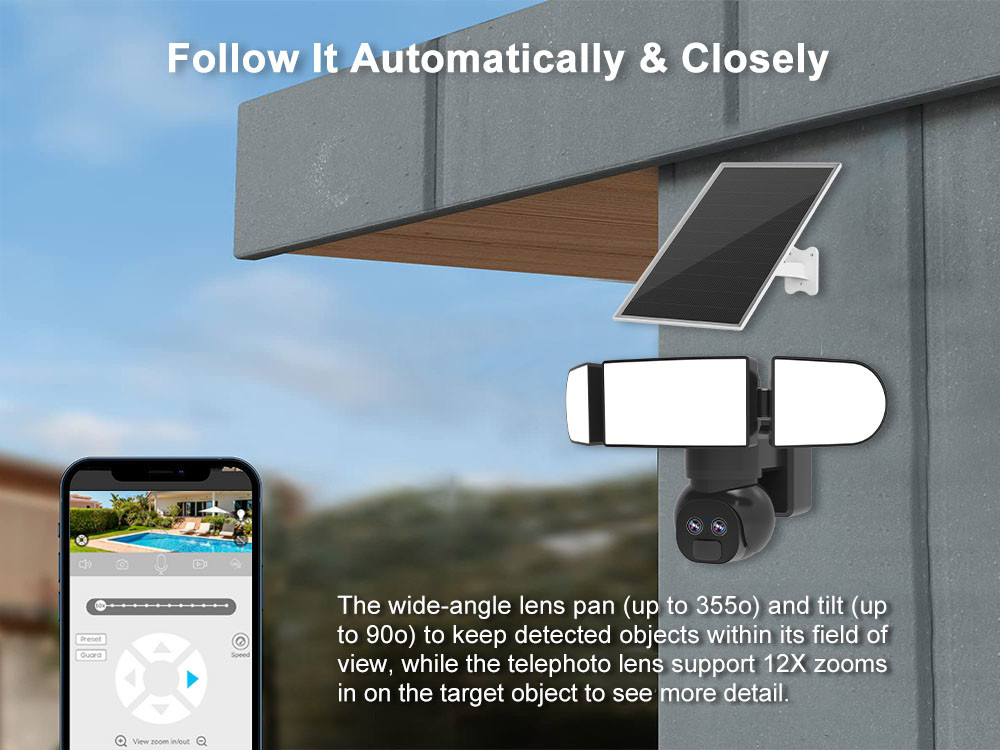 2K Solar Floodlight Camera 8W 4G Dual Lens IP65 Night Vision Solar IP Camera
