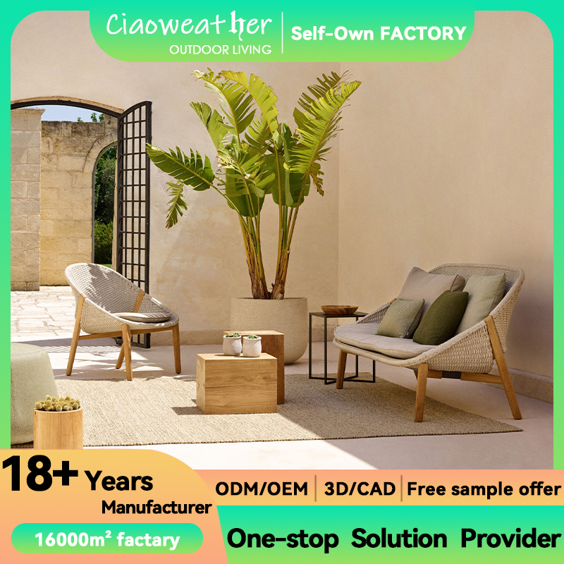 Modern Outdoor Furniture Teakwood Garden Sofa with Waterproof Cushion and Rattan Frame Furniture Set