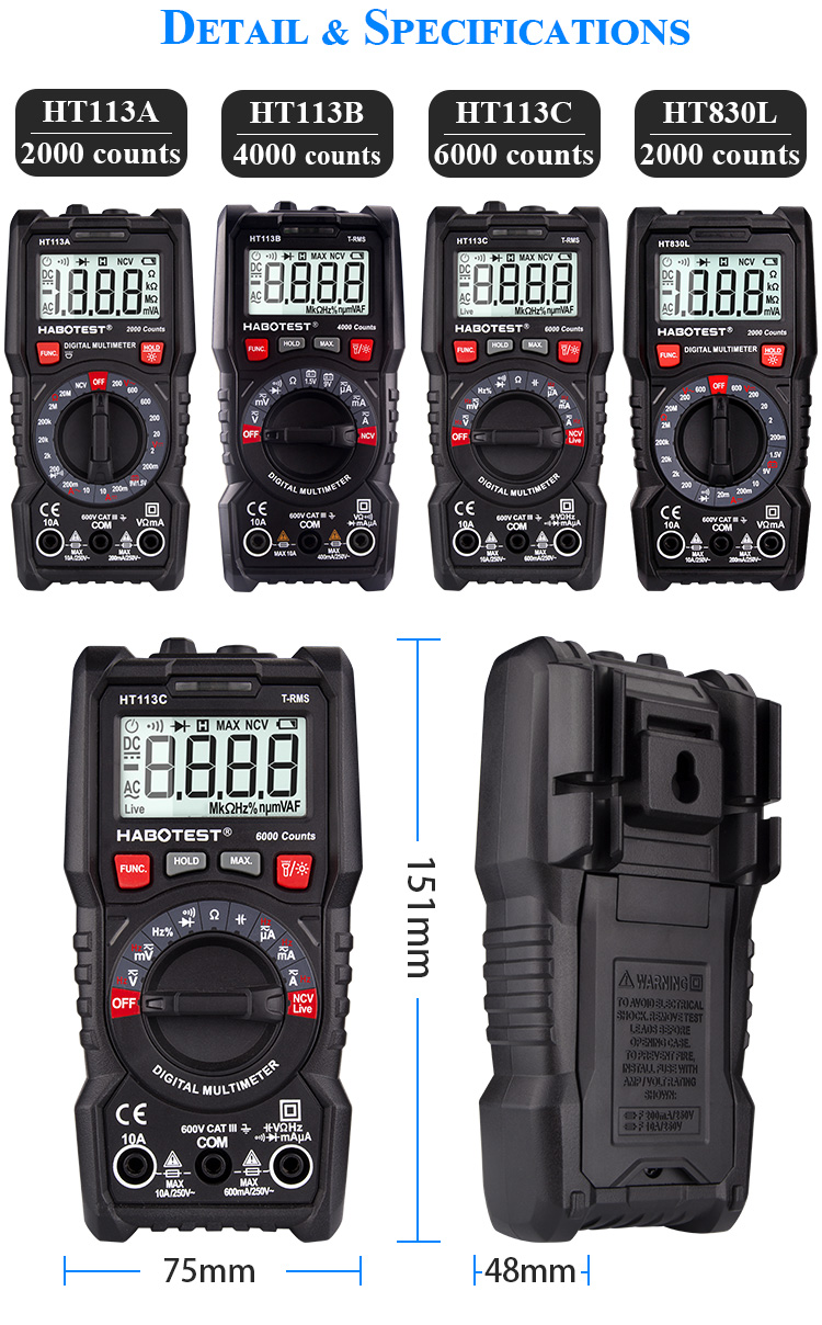 HT113 Small Digital Multimeter 600V 10A 20M ohm Manual Range 2000 Counts Resistance Mini Multimeter Digital with CE ROH