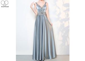 Quality Back Bandage Grey A Line Dress / V Neck Long Silver Beaded Prom Dress Sleeveless wholesale
