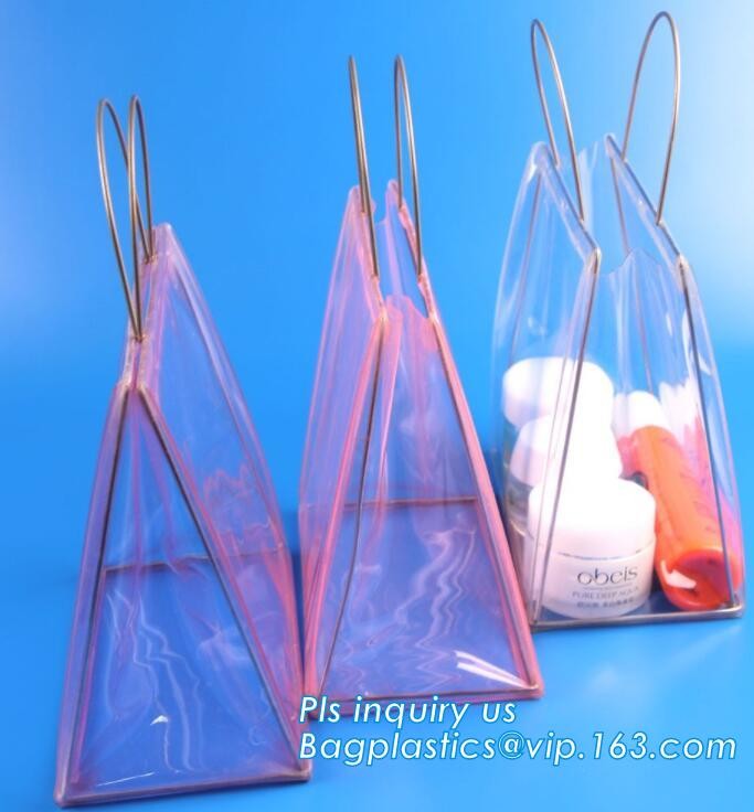 pvc packaging shopping handle bag with button, promotional clear tote pvc handle shopping bag pvc tote bag, die cut hand