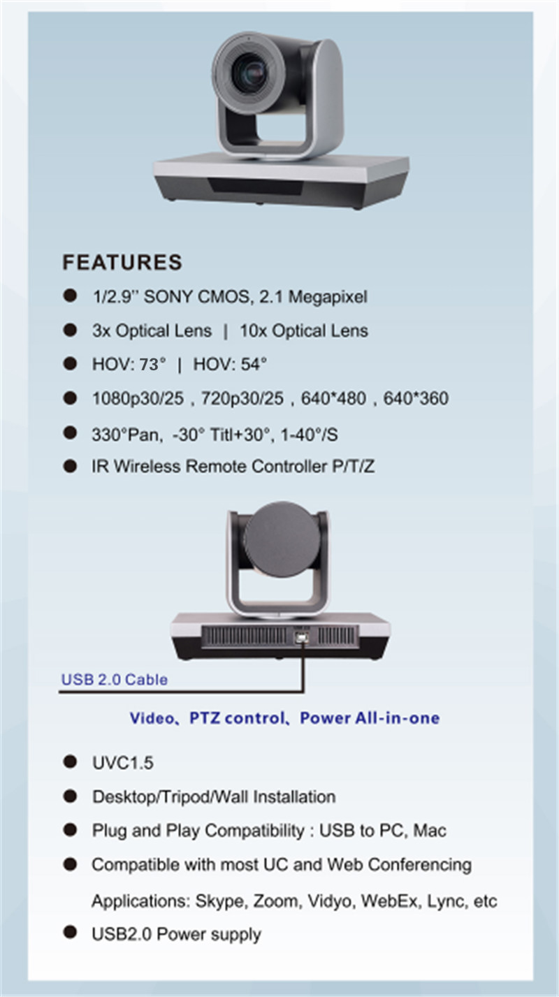 3x Optical Zoom PTZ Conference System Camera USB Webcam or Video Conference Camera