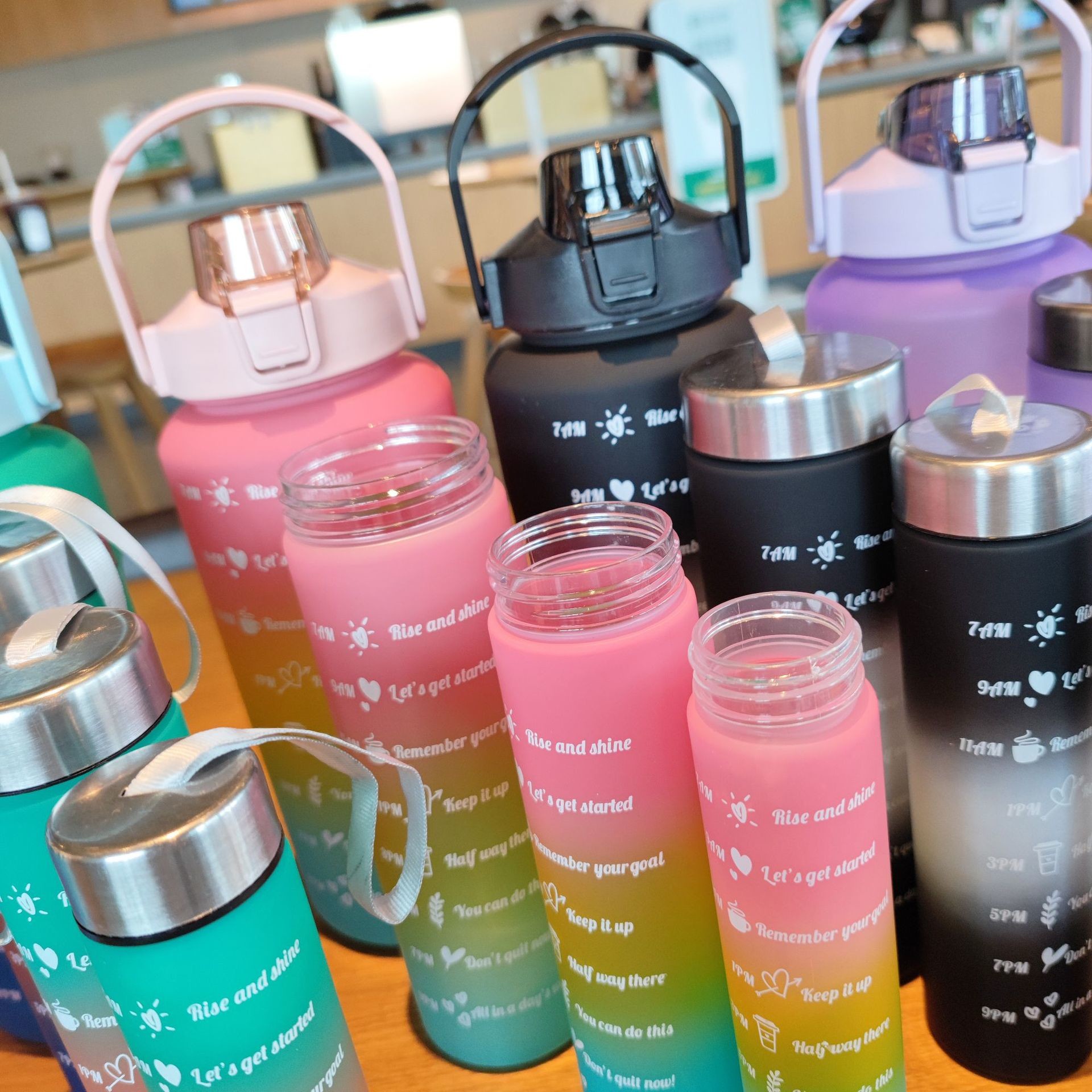 Sports Water Bottle 3 Pcs Set With Motivational Time Marker Leak Proof Flip Top Lid Gradient Purple For School Fitness Enthusiasts Indoor Outdoor