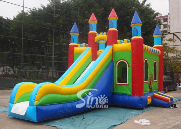 Lead Free PVC Tarpaulin Inflatable Bouncy Castles , Rainbow Castle Slide