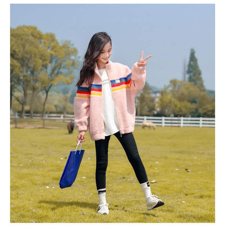Girls Lamb Wool Coat Thickened Stitching Color Striped