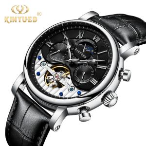 Quality KINYUED leather tourbillion watch mechanical mens moon phase automatic mechanical watch wholesale